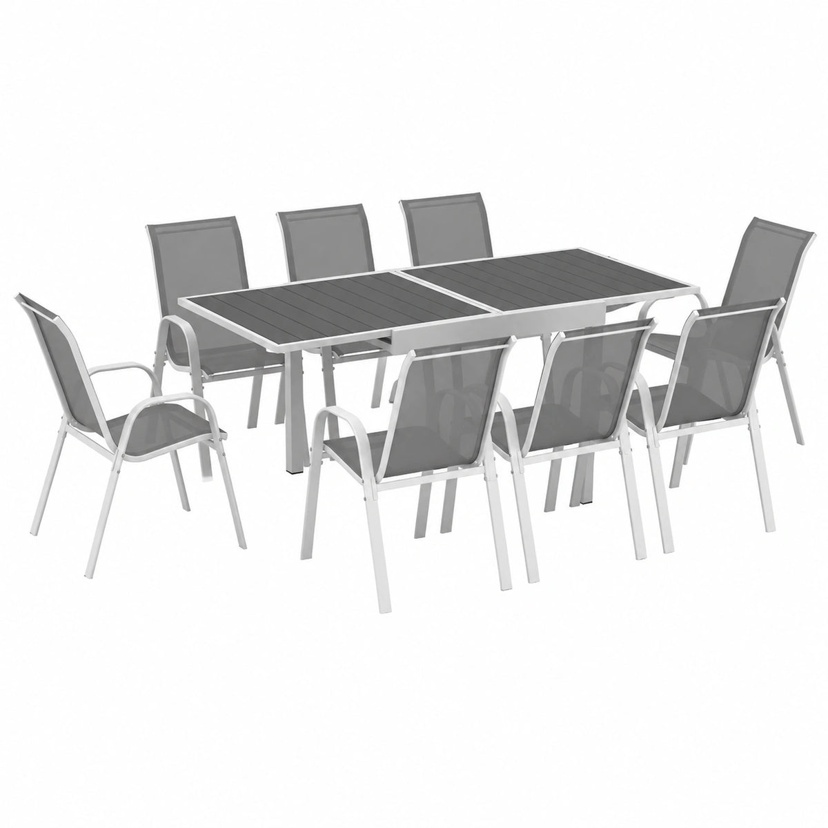 Table, avec 8 chaises, coloris blanc et gris, pour les espaces de vie